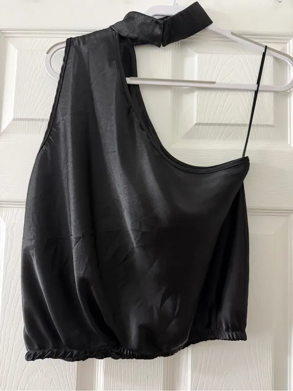 Express Black Satin One Shoulder Choker Top Medium Party Cocktail - Image 2