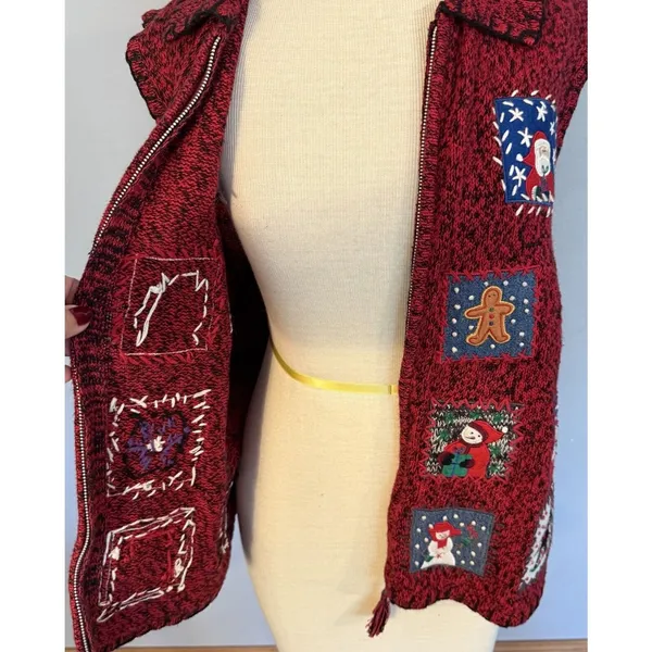 Erika VTG Ugly Christmas Sweater Vest‎ Red Size LG Embellished Zip Embroidered - Image 3