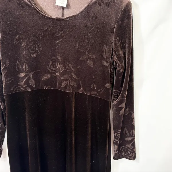 VTG Dress Brown Velvet Burnout Sz 12 Rose Print‎ A-Line Y2K 90s Long Sleeve 1590 - Image 7