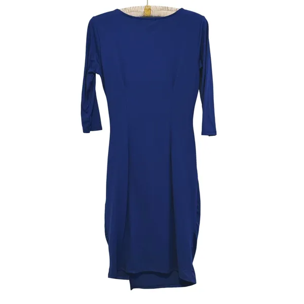 VERSE Womens Ruched Midi Cocktail Dress S Navy Blue Career Stretch Modern Event - Image 2