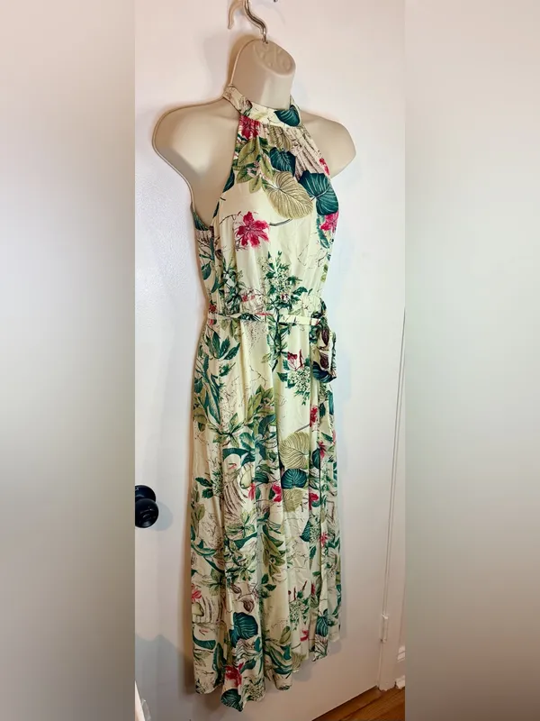 SHEIN XS 2 Tropical Floral Halter Maxi Dress Cream Green Pink Viscose Belted - Image 4