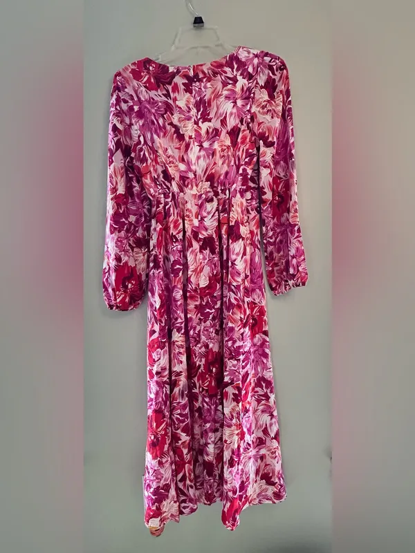 Pink Floral Long Sleeve Wrap Maxi Dress small - Image 2