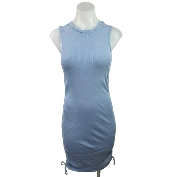 Garage Women's Blue Sleeveless Crew Neck Ruched Mini Bodycon Tank Dress Size M - Image 4