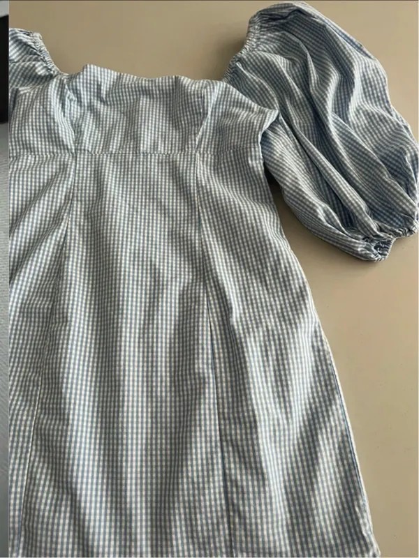 Forever 21 Blue Gingham Puff Sleeve Mini Dress Small - Image 4