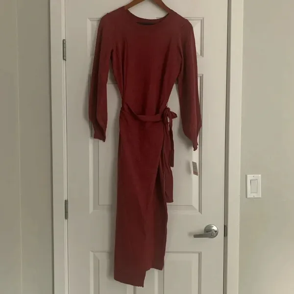 Taylor Faux-Wrap Belted‎ Midi Sweater Dress - Size S - Cognac - NWT - Image 5