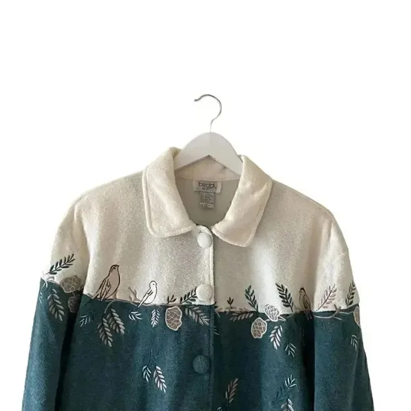 Vintage Teddi Cabin Fever Women's Fleece Novelty Print Teal Embroidered Birds M - Image 3