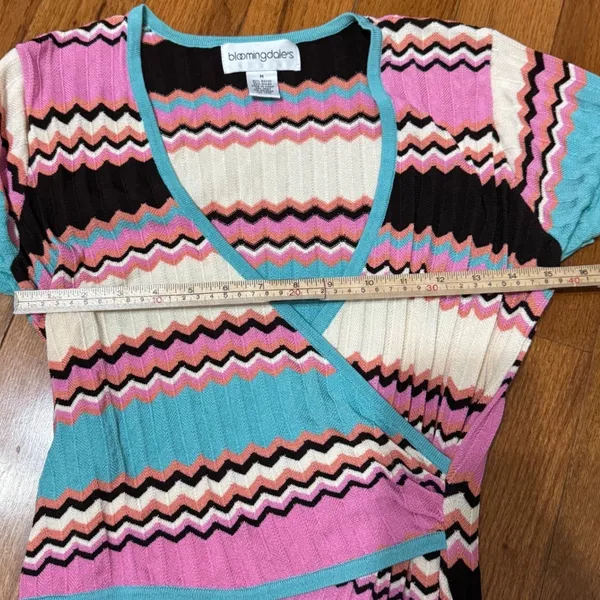 Bloomingdales Pink Turquoise Chevron Zigzag‎ Knit Wrap Midi Dress Vintage Med - Image 6