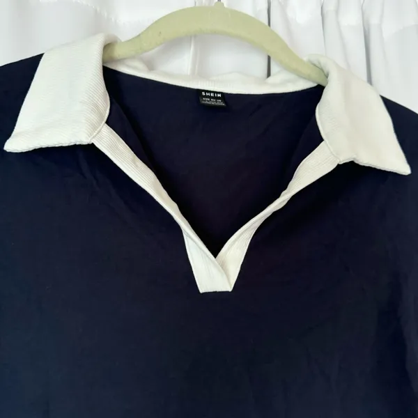 SheIn Navy Blue & White Cropped Cotton Polo T-Shirt - Image 3