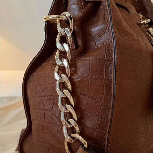 NWT Michael Kors Hamilton Croc-Embossed Leather Satchel - Brown/Gold - Image 4