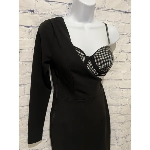 One sleeve black mini dress with rhinestone bra. Size Small - Image 4