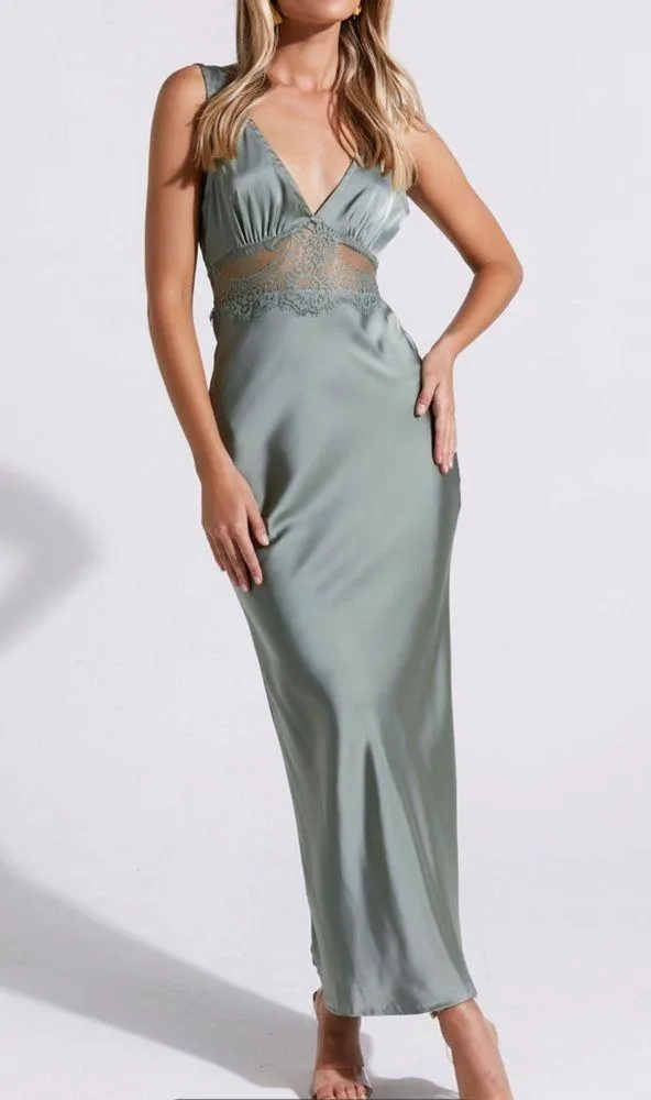 Morrisday The Label Dusty Green Satin Lace V-Neck Midi Dress Size NEW - Image 2
