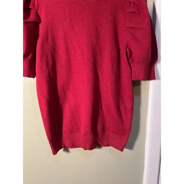 Women's Sz Small Short Puff Sleeve Sweater Crewneck Burgundy Red Viscose Stretch - Image 3