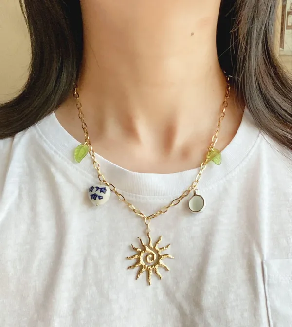 Handmade vintage cottage retro boho fairy funky style quality material mix gold stainless steel necklace🌞🌿 - Image 2