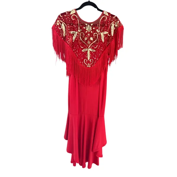 Vintage Red Fringe Sequin High Low Gown Gold Beaded Formal Dress Performance - Image 3