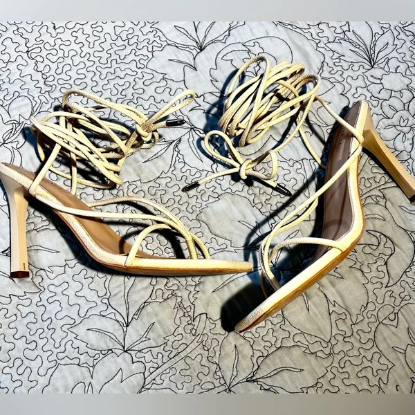 SIMMI LONDON Snake Embossed Cream Square Strappy Lace Up Stiletto Heels Sz 8 - Image 8