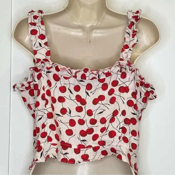 Reformation Bayley Cherry Linen Tank Top Lace Up Corset Ruffle Size 12 Coquette - Image 5
