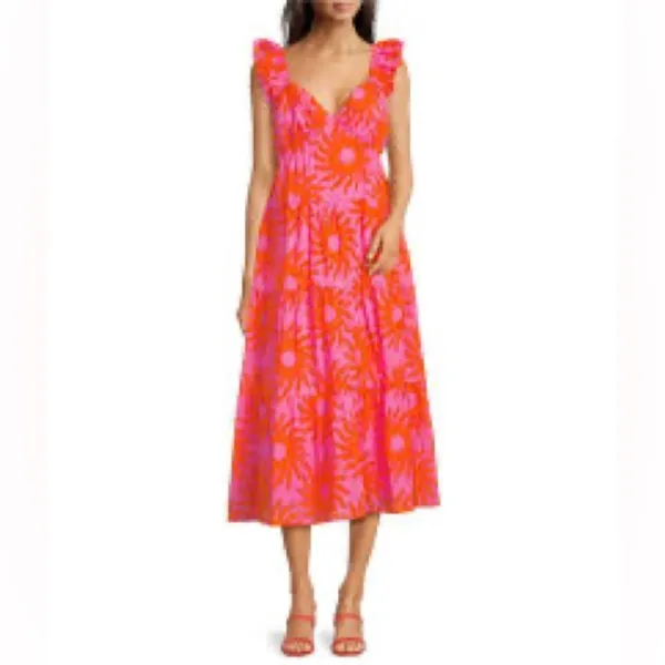 J. Marie Sun Print Tiered Midi Dress NWT Pink Orange Ruffle Summer Dress Size L - Image 2