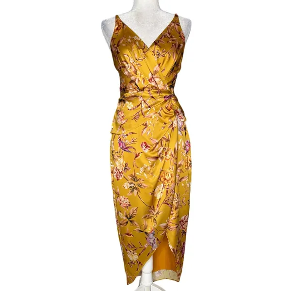 NWOT Express Satin Mustard Yellow Floral Bird Twist Front Tulip Midi Dress Small - Image 3