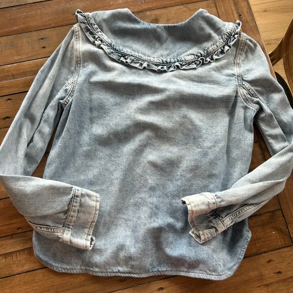Ganni Peter Pan Collared Ruffle Denim Shirt Indigo Blue 34/XS - Image 13