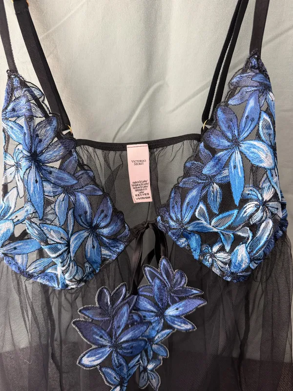 Victoria's Secret Black & Blue Floral Sheer Babydoll Lingerie - Image 3