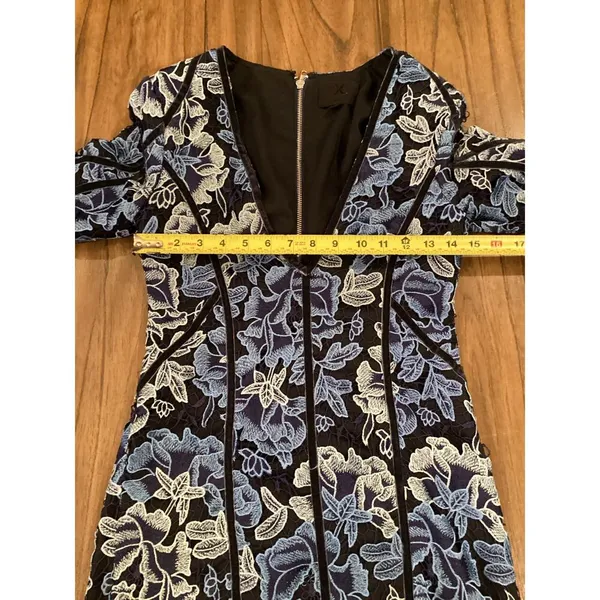 NBD X Corinne Womens Blue Lace Mini Dress Long Sleeve Floral Fitted V Neck - Image 8