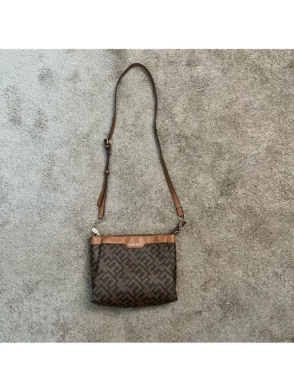 Ellen Tracy Signature Monogram Zip Medium Crossbody Bag Brown Faux Leather Purse - Image 2