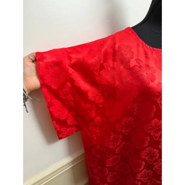 Vintage 80s Red Floral Satin Jacquard Oversized Muumuu Dress Loungewear Caftan - Image 3