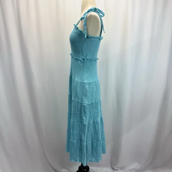 Altar’d State Floral Tiered Midi Sun Dress S Blue Green Tie Strap Smocked Bodice - Image 4