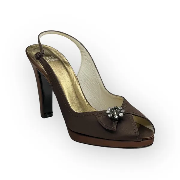 Stuart Weitzman ❤︎ Metallic Silk Peep Toe Slingback Heeled Sandals ❤︎ Chocolate - Image 3