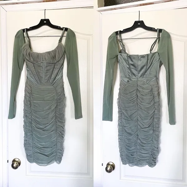 House Of CB Dress Freyja Gathered Corset Ruched Satin Mesh Knee Green‎ Small EUC - Image 2