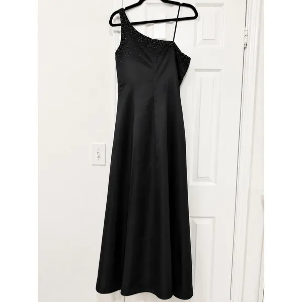 Jovani Asymmetric One Shoulder Black Satin Beaded Prom Evening Gown Slit - Image 6