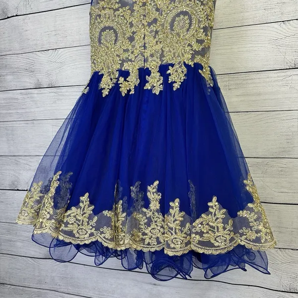 Tulle Prom Homecoming‎ Dress Blue & Gold High Neck Tank Above Knee Length Size 4 - Image 7
