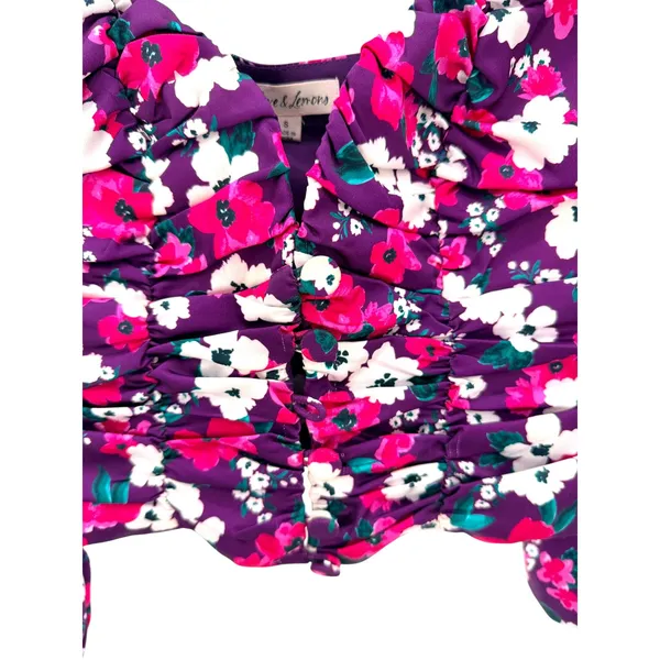 For Love‎ & Lemons Penny Purple Floral Ruched Puff Sleeve Crop Top Small Revolve - Image 4
