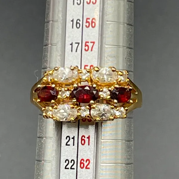 Garnet and Clear Rhinestones 14k Gold Electroplate Size 9 Ring Vtg - Image 11