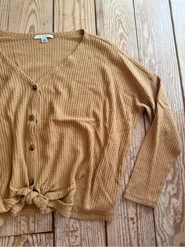 American Eagle Waffle Knit Tie-Front Top Size Large - Image 2