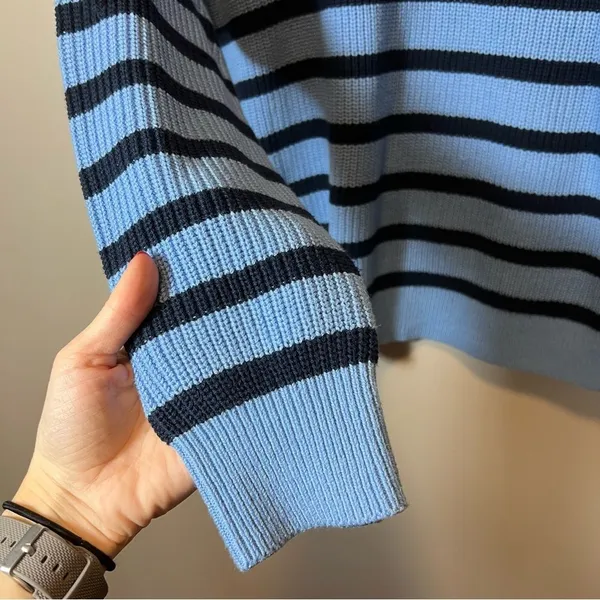 Loft Women’s Blue and‎ Navy Striped Mock Neck Button Sweater XLP - Image 5