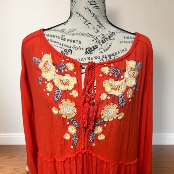 Free People Red Embroidered Long Sleeve Mini Dress Tiered Gauzy Boho Cottagecore - Image 4