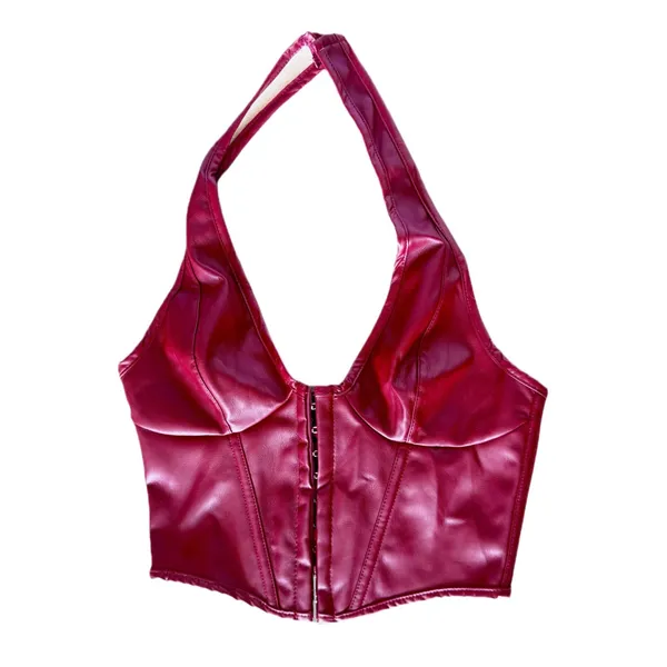 NWT Floerns PU‎ Leather Halter Hook Eye Backless Party Crop Top XS - Image 6