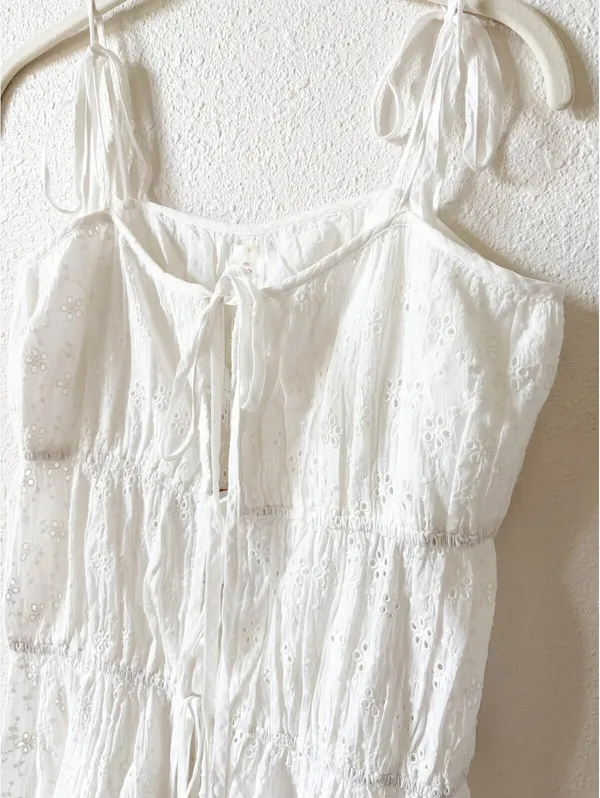 Pilyq Stacey Tiered Top White Size XS / Small Eyelet Neutral Bohemian Vacation - Image 3