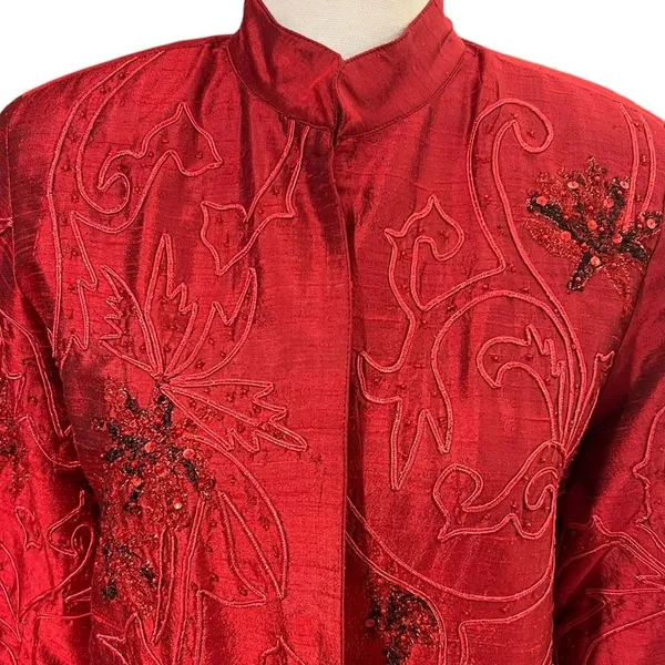 Vintage Anage Red Silk Beaded Sequins Kimono Jacket Sz S Artsy Boho Embroidered - Image 2
