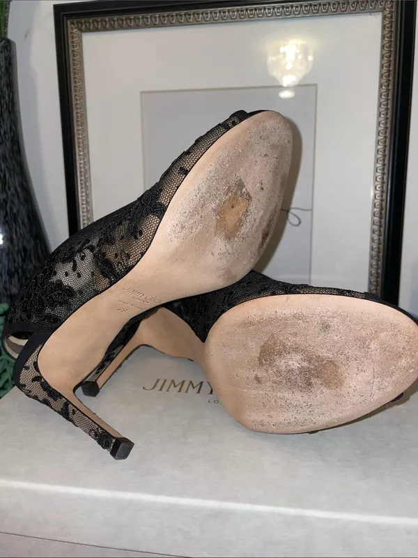 Jimmy Choo Shar 85 Black Floral Lace Peep-Toe Heels Size US 9 / EU 39 MSRP $1200 - Image 10