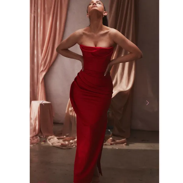 House of CB ADRIENNE Scarlet Satin Strapless Gown in red - Image 5