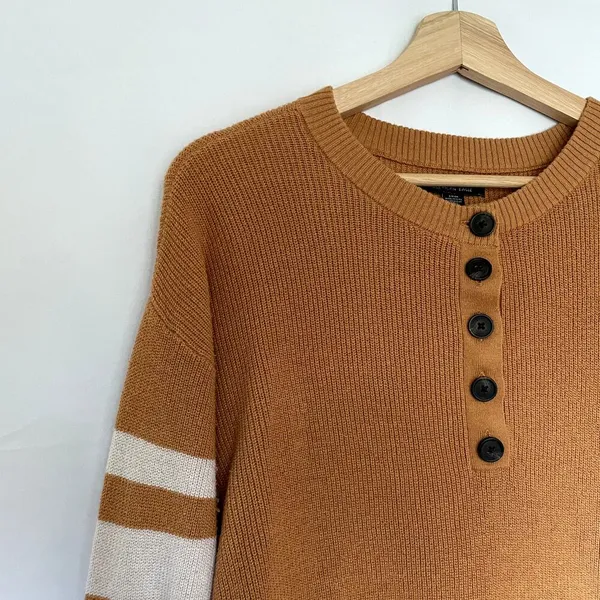 American Eagle mustard‎ yellow white arm stripes knit sweater women's size small - Image 2