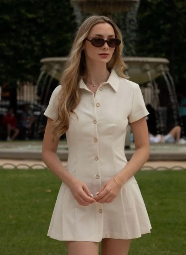 Zara mini dress pleated skirt collar button up ivory casual classic old money - Image 12