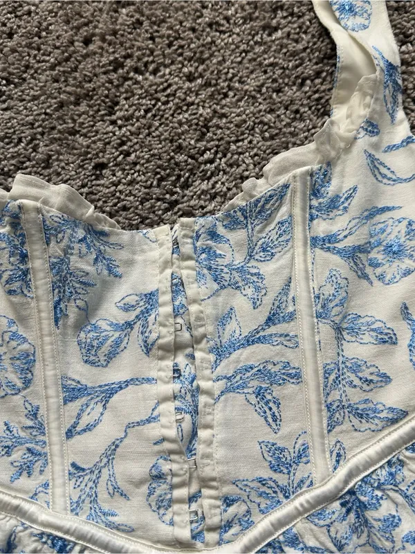 For Love & Lemons White and Blue Maisie Linen Floral Brocade Corset Mini Dress - Image 4