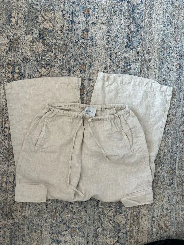 Hausen 100% Linen Wide Leg Cargo Pants Size S Beige Drawstring - Image 2