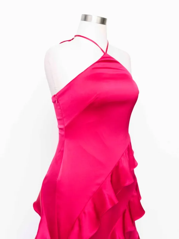 Adrianna Papell - Halter-Neck Ruffled Satin High-Low Gown - Image 8
