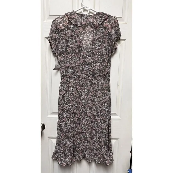 JBS Women Brown Pink Floral Ruffle V-Neck Sheer Mini Dress Size 10 NWT - Image 8