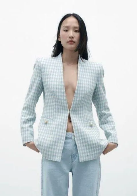 ZARA houndstooth lapelless blazer - Image 3