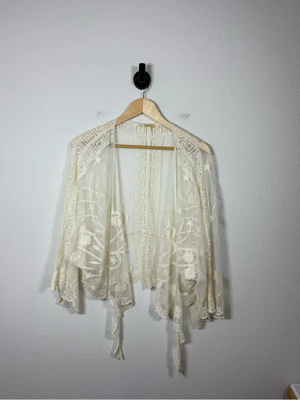 Boho Sheer Floral Embroidered Lace Kimono Crochet Scallop Festival L - Image 3